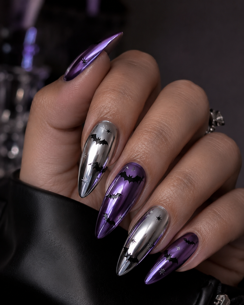 Black bat nail art over a silver chrome Halloween manicure
