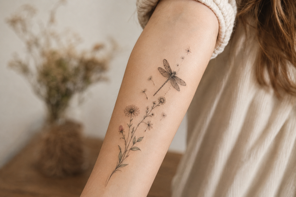 Personalized dragonfly tattoo with flowers, dandelion seeds and delicate details