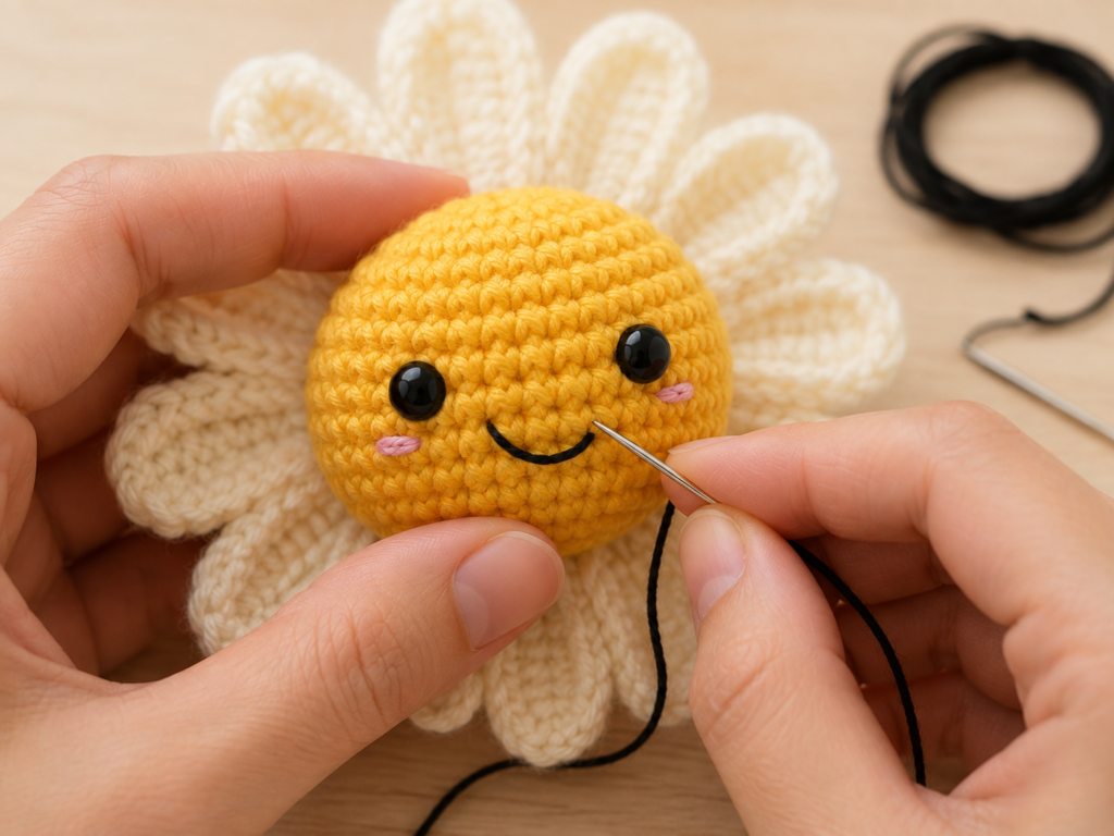 Embroidering a smile and pink cheeks on a crochet daisy plush