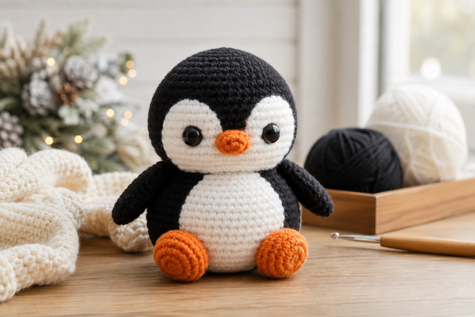 Free crochet penguin amigurumi pattern with black and white design