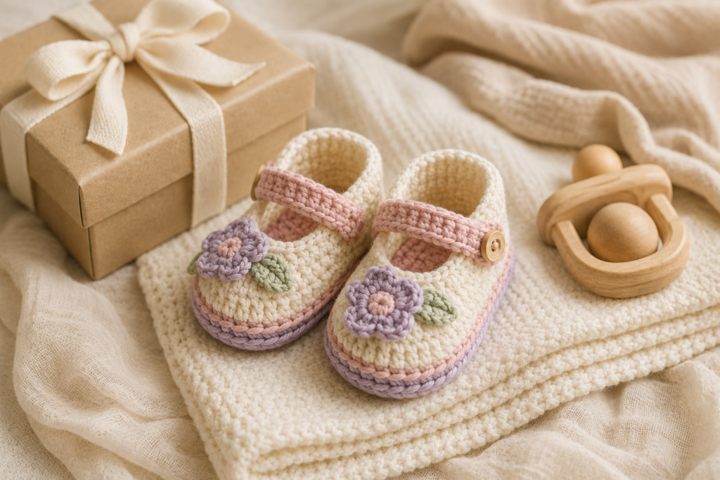 Pastel crochet baby booties styled as a handmade baby shower gift