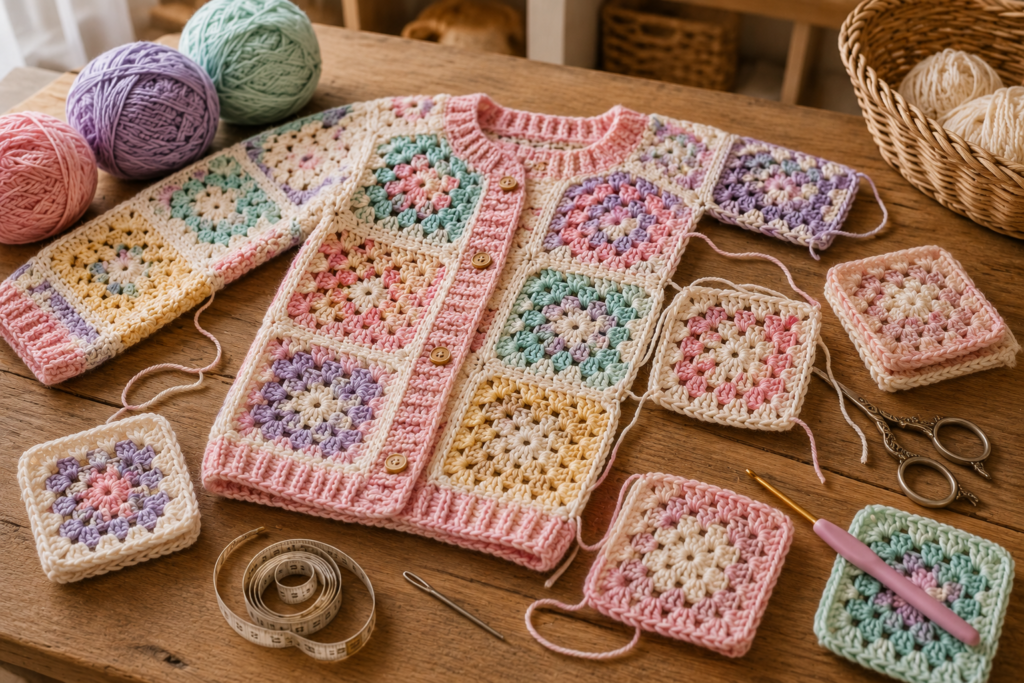 Colorful crochet granny squares arranged for a baby cardigan