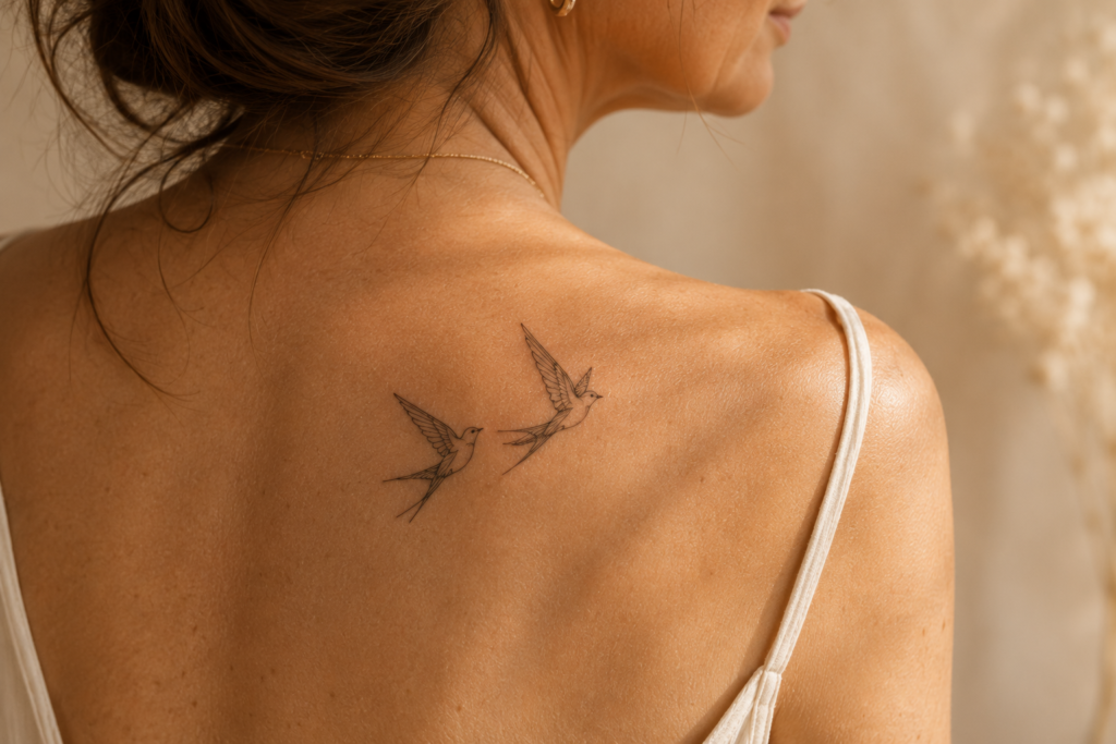 Two delicate bird tattoos symbolizing love and connection