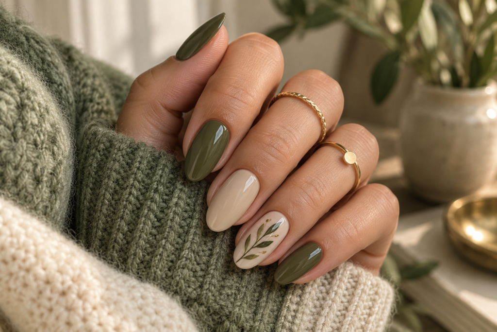 Olive green and nude September nails with delicate botanical details