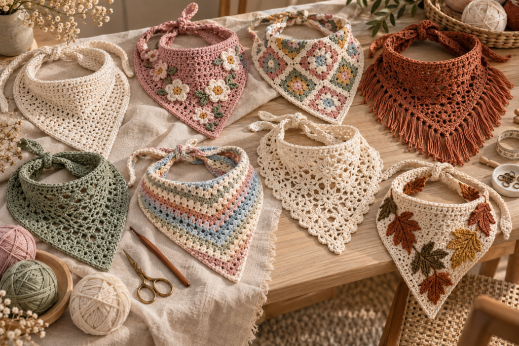 Collection of handmade crochet bandanas in different styles and colors