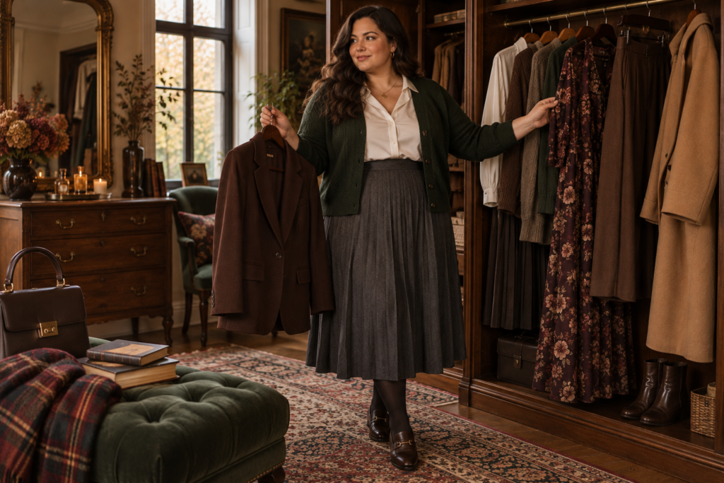 Plus size Dark Academia capsule wardrobe with blazers, knitwear, skirts and trousers