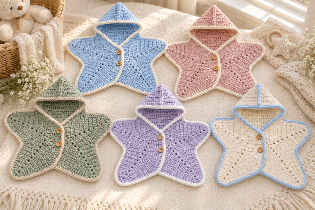 Star-shaped crochet baby wraps in blue pink sage lavender and cream