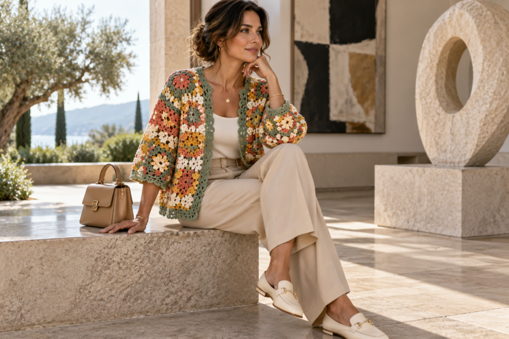 Colorful crochet cardigan styled with neutral ivory top and beige trousers