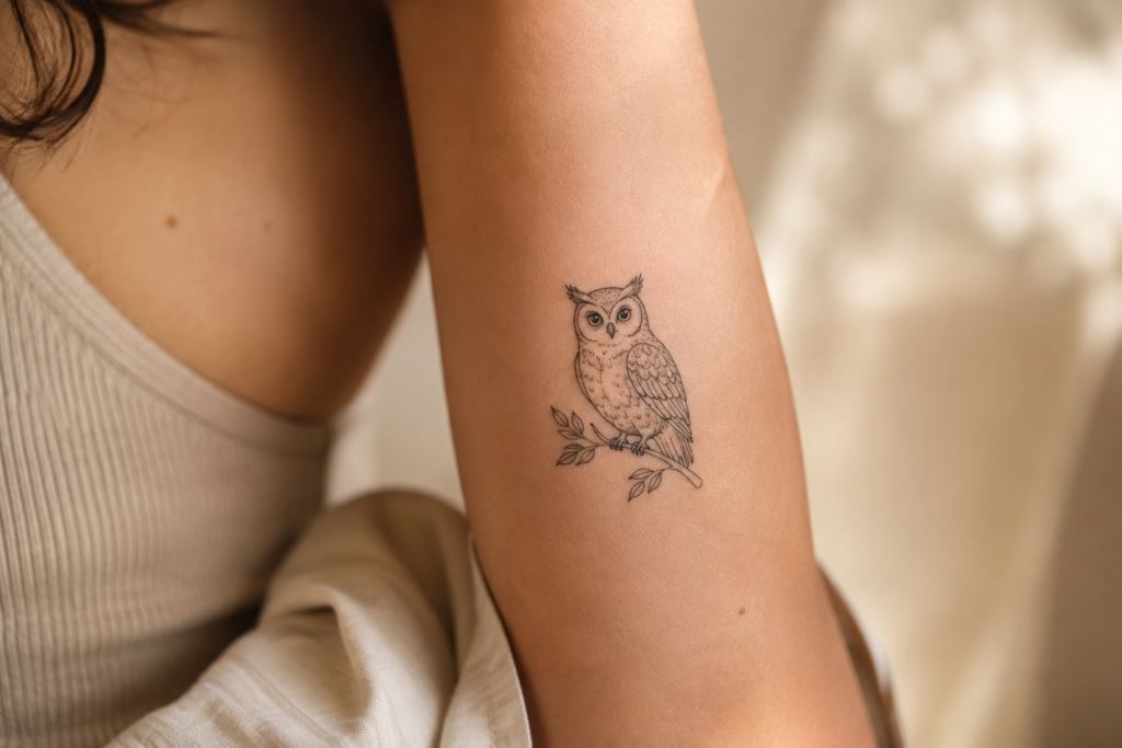 Fine-line owl tattoo design with delicate minimalist details