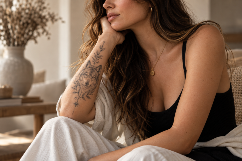Fine-line wolf tattoo representing loyalty and independence