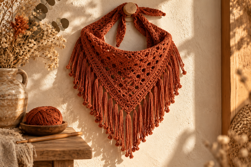 Rust boho crochet bandana with handmade fringe