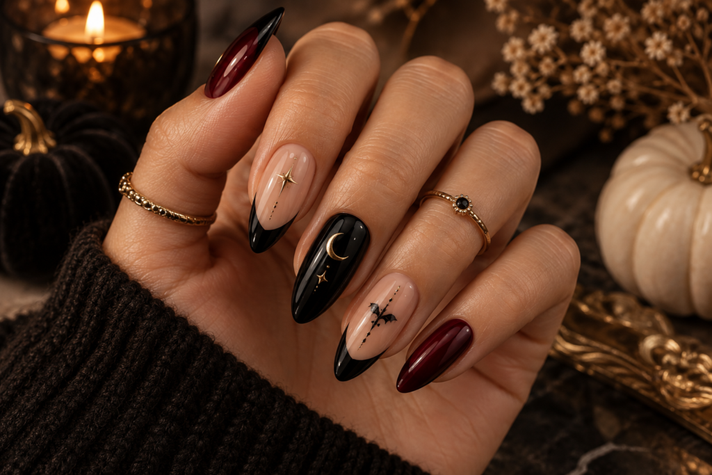 Elegant black burgundy and gold Halloween manicure