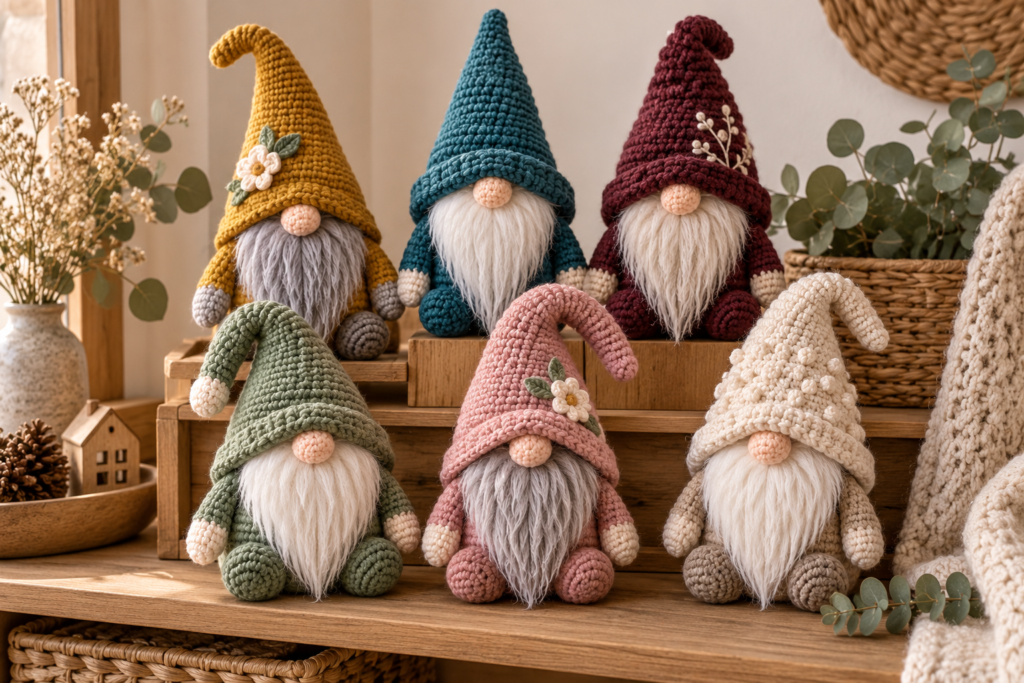 Collection of colorful handmade crochet gnomes with pointed hats and beards