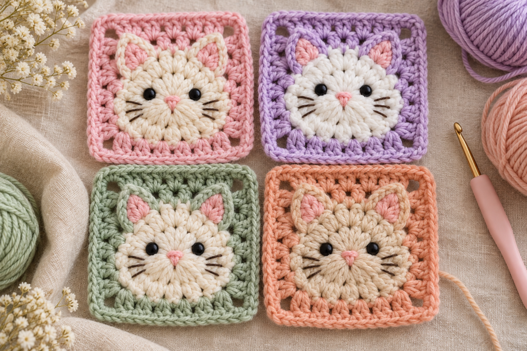 Colorful cat crochet granny squares in pink, lavender, sage and cream