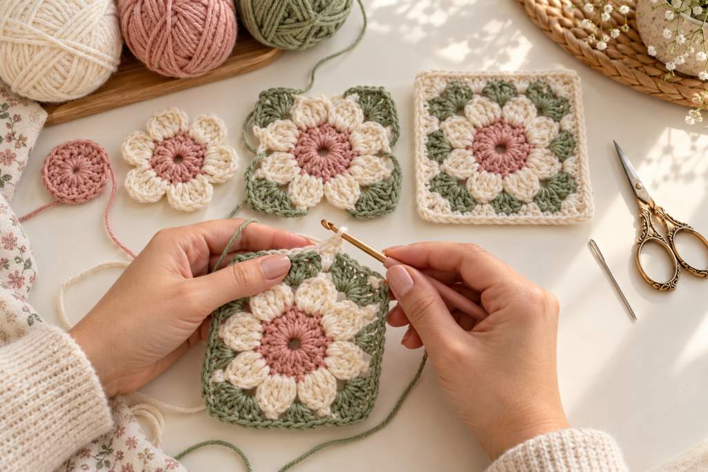 Hands crocheting a floral granny square with different stages of the pattern