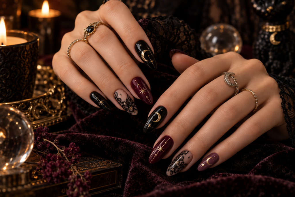 Gothic Halloween nails with black, burgundy, gold and celestial details