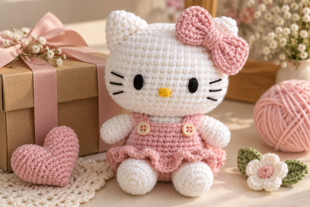 Cute crochet kitty amigurumi styled as a handmade gift