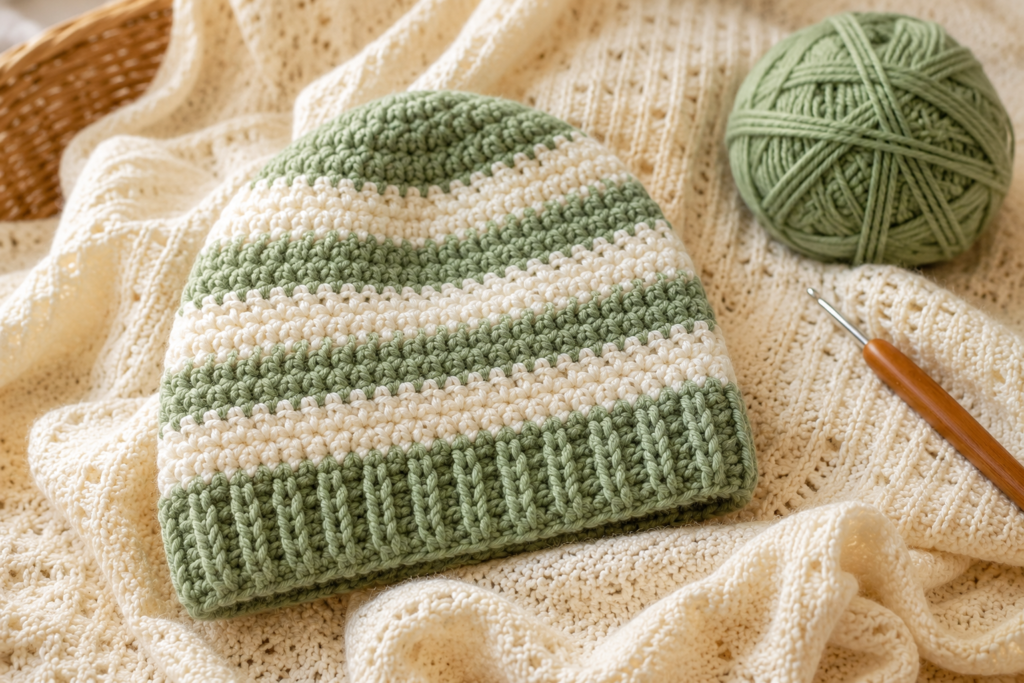 Finished sage green and ivory crochet baby beanie with ribbed edge