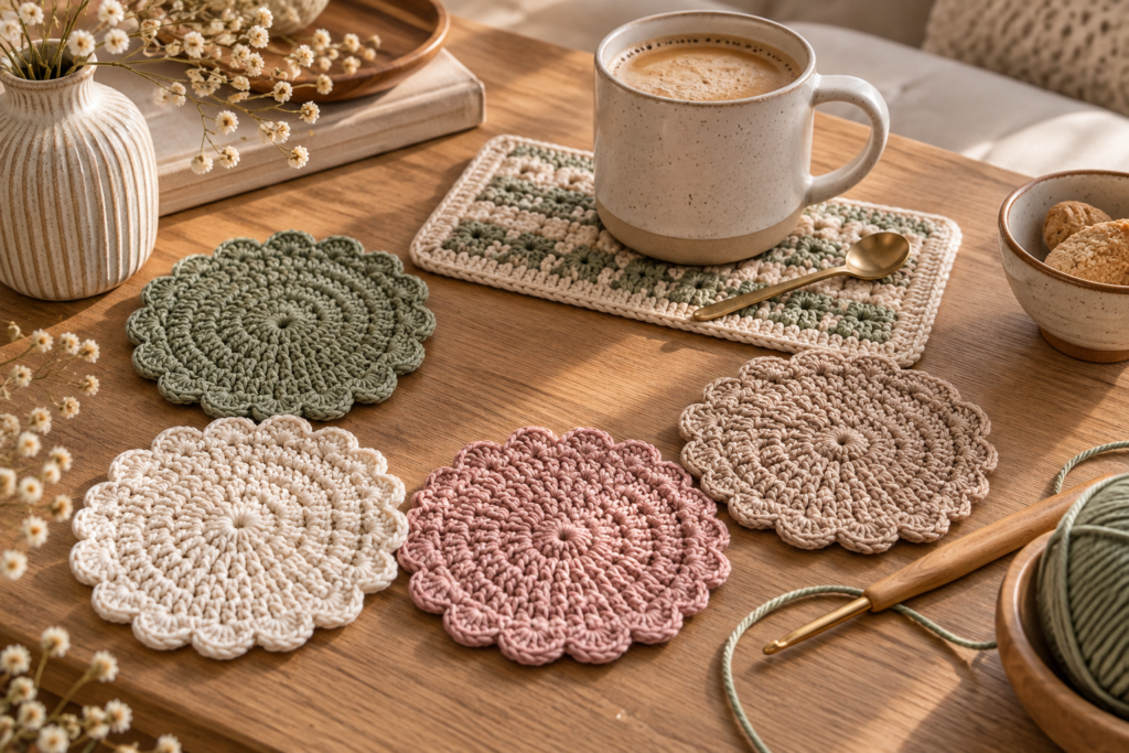 Handmade crochet coaster set and mug rug