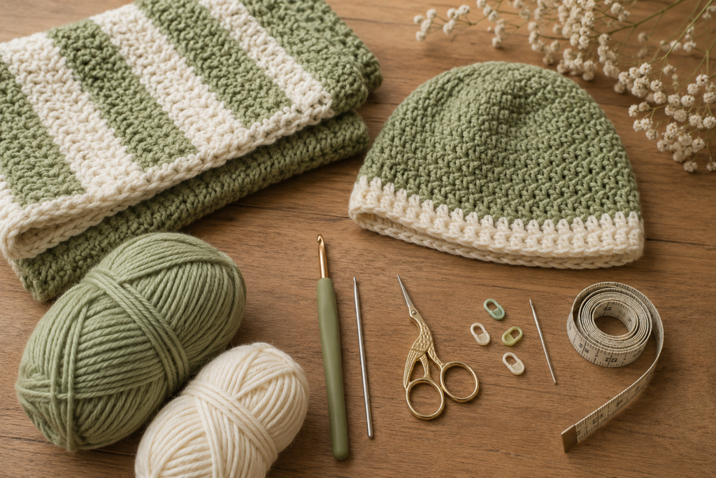 Yarn, crochet hook and supplies for a crochet baby blanket and beanie