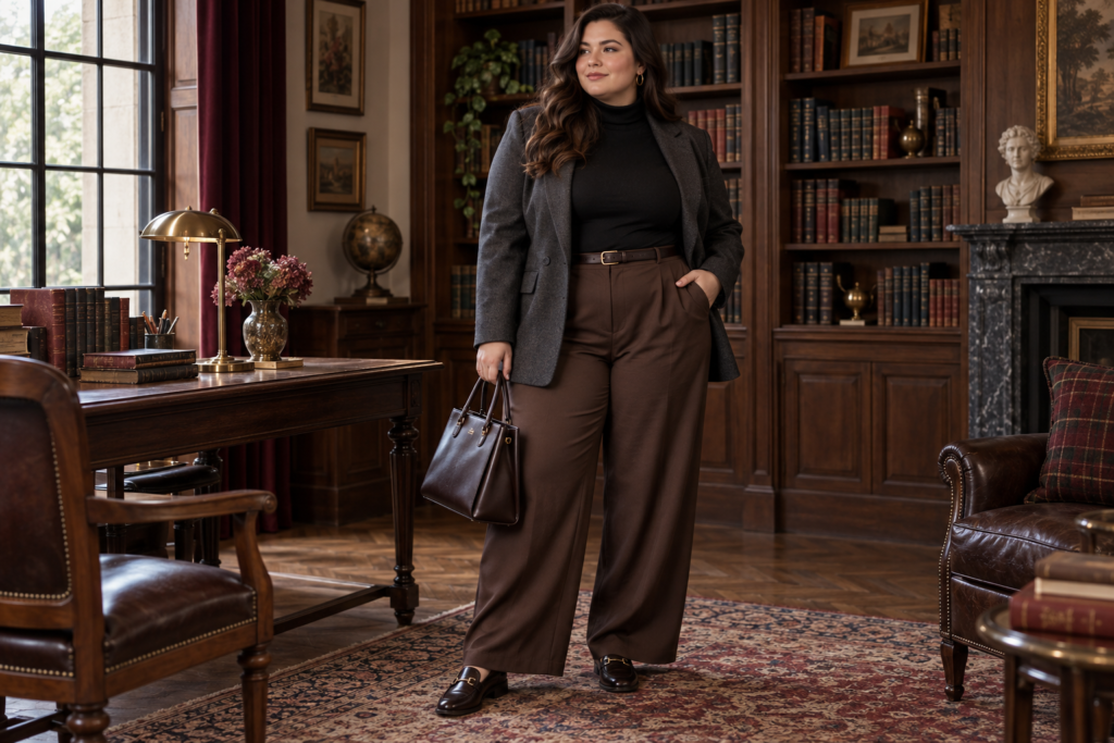 Plus size Dark Academia blazer outfit with a turtleneck and wide-leg trousers