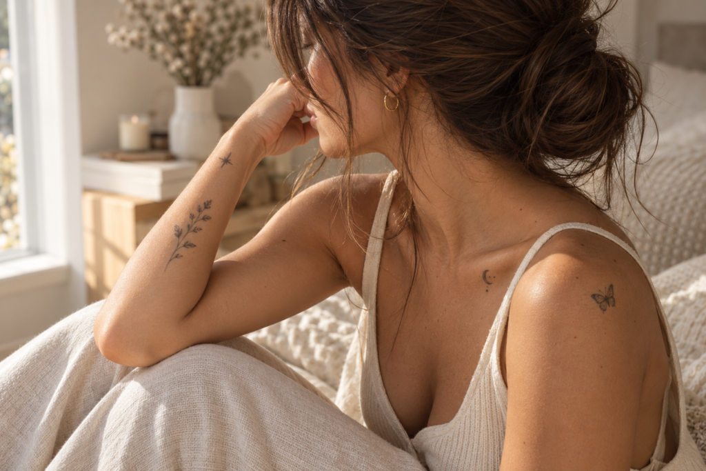 Minimalist tattoo placement ideas for wrist, collarbone, shoulder and forearm