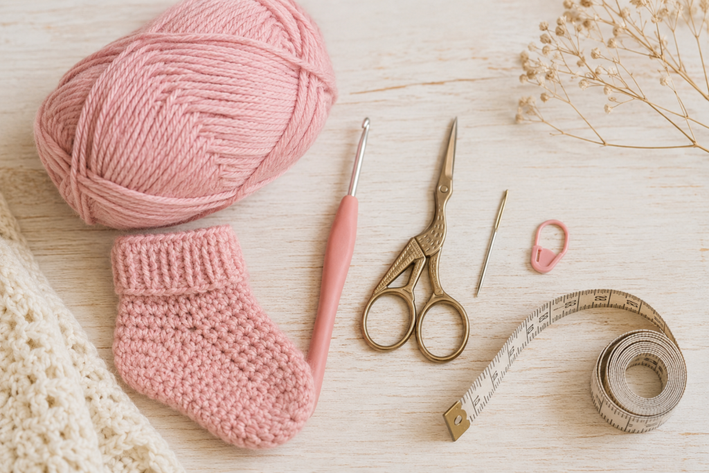 Soft baby yarn, crochet hook and supplies for making crochet baby socks