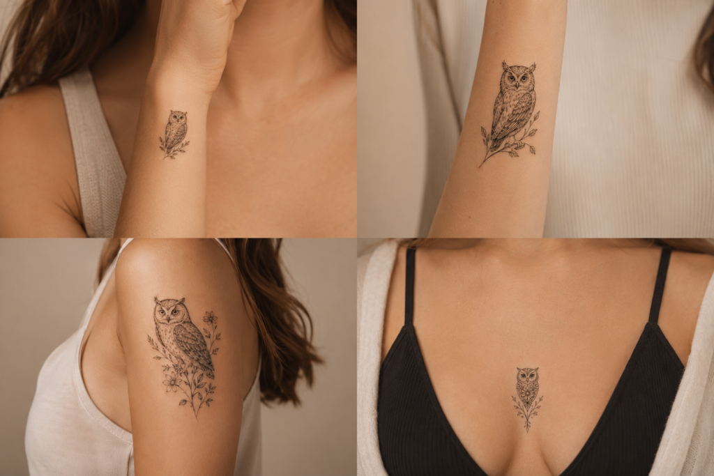 Owl tattoo placement inspiration for wrist, forearm, shoulder and sternum