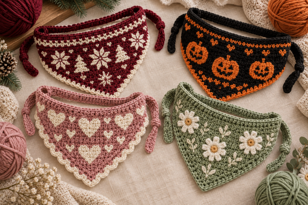 Seasonal crochet dog bandanas in Christmas Halloween Valentine's Day and spring colors