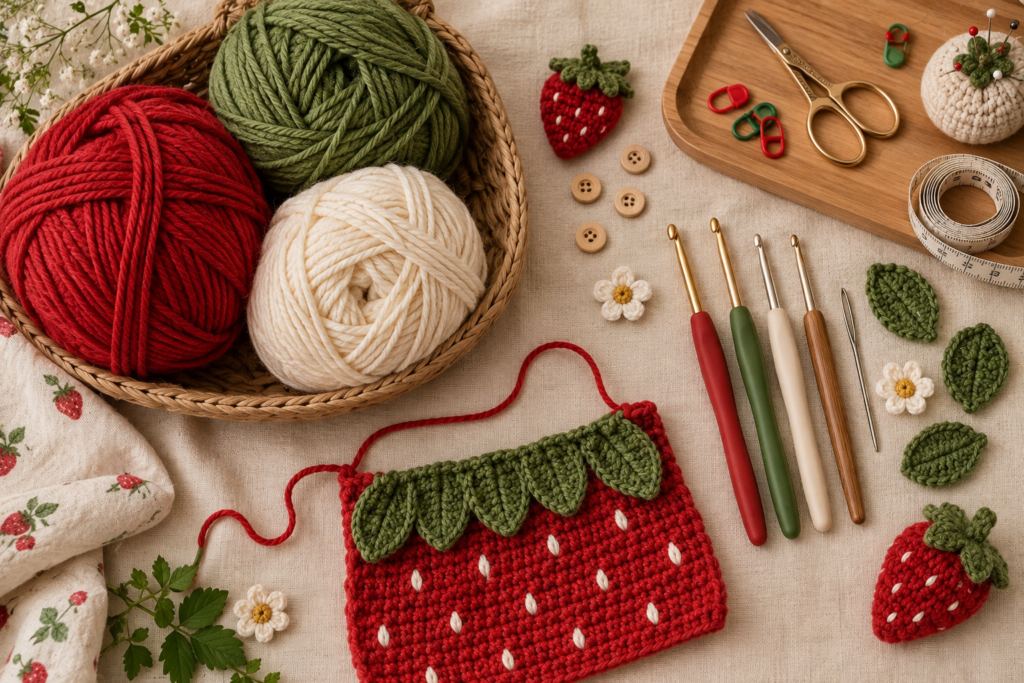 Matching red and green crochet strawberry baby booties