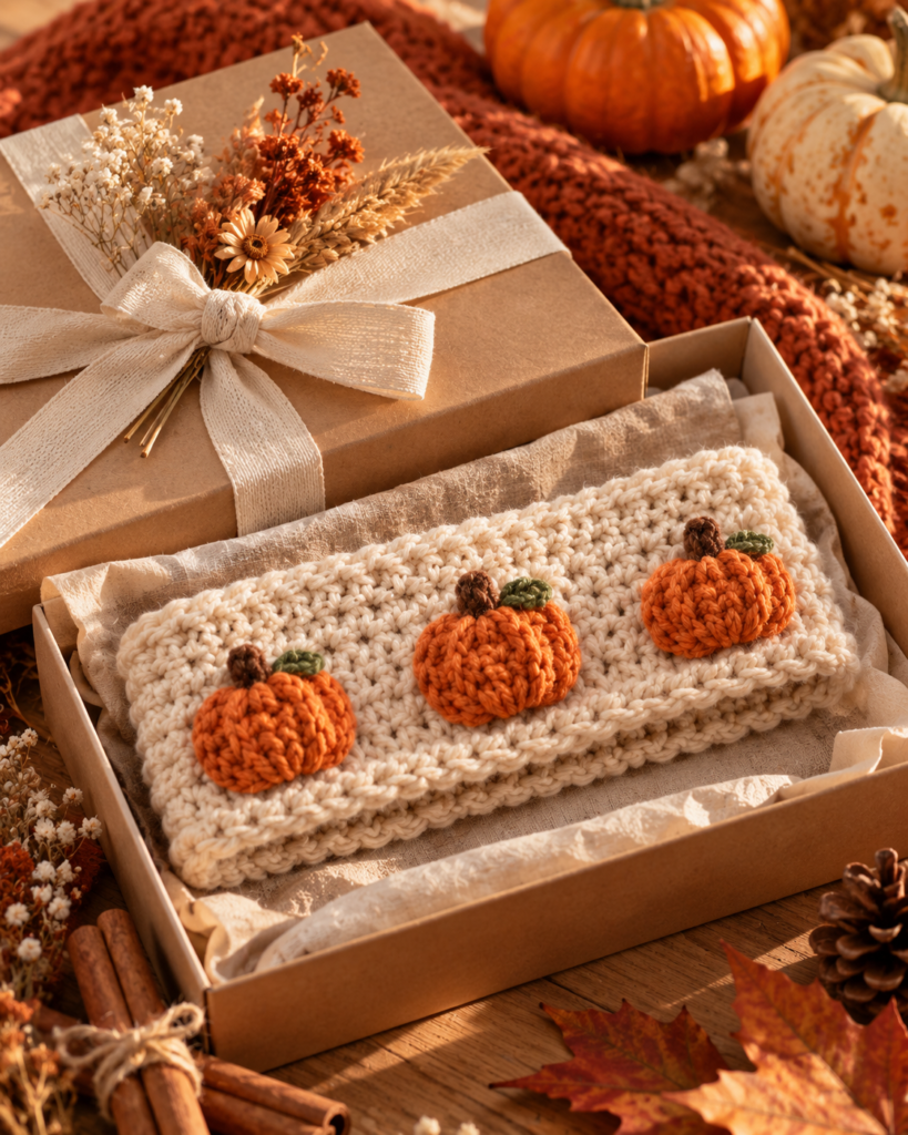 Handmade crochet pumpkin headband styled as a cozy autumn gift.