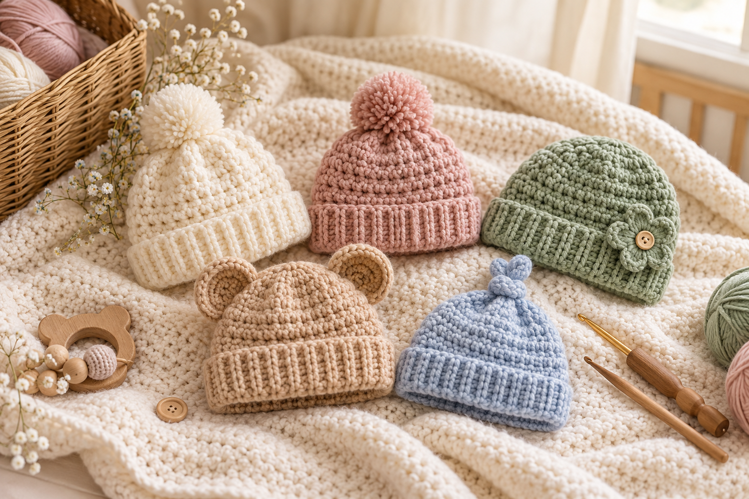 Collection of handmade crochet baby hats in cream, pink, sage and blue