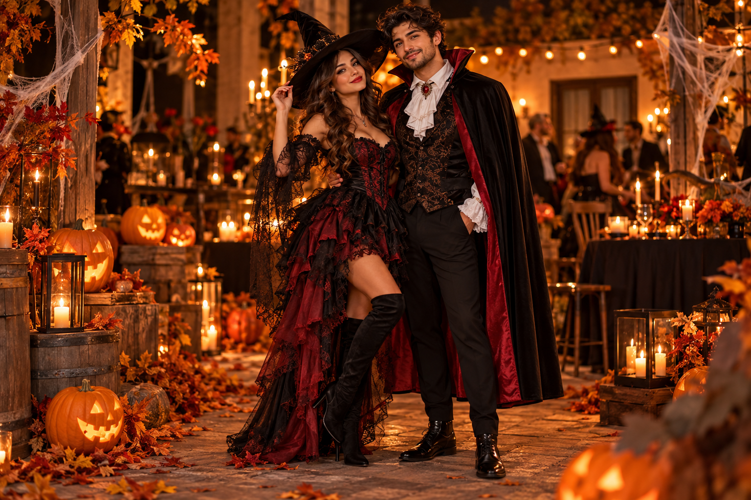 Couples wearing creative Halloween costumes together at a festive Halloween party
