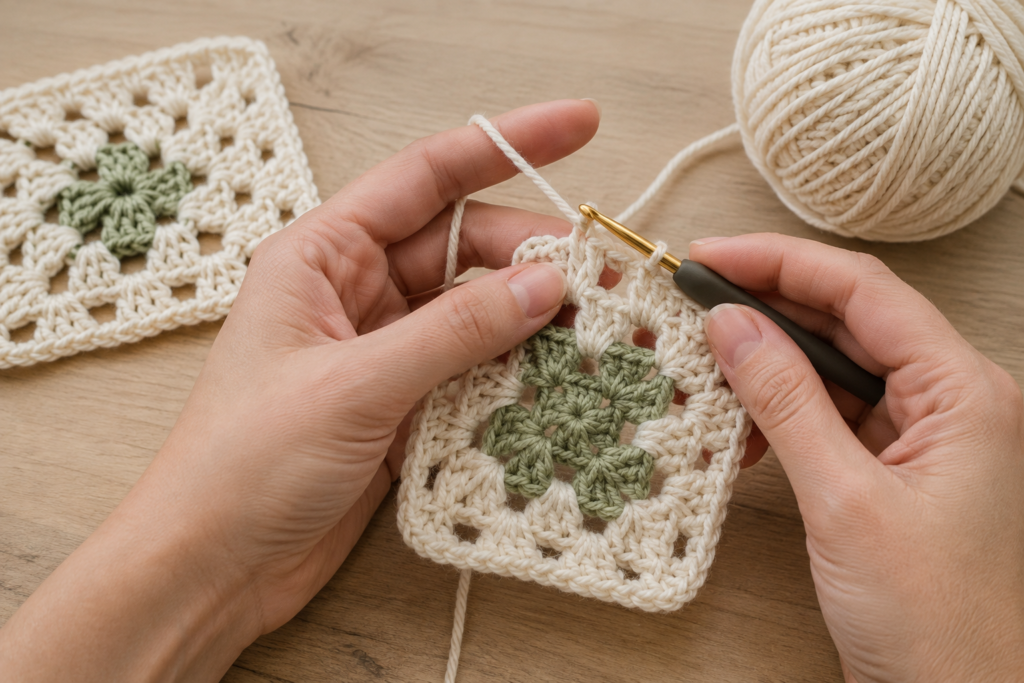 Hands crocheting a traditional granny square step by step