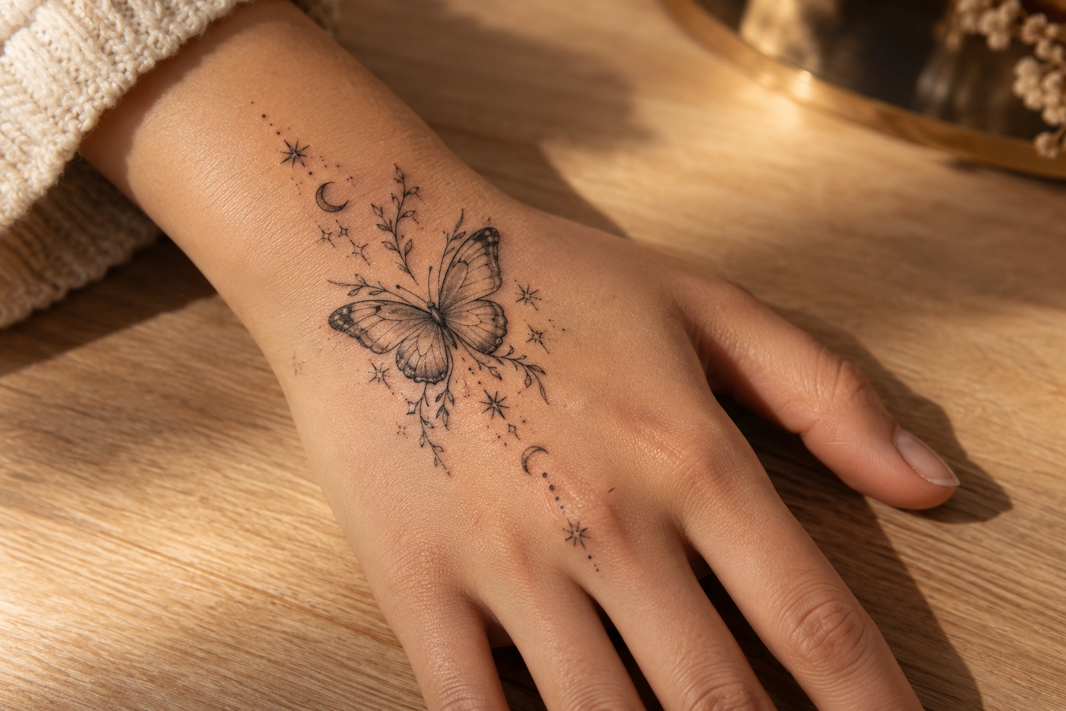 Butterfly hand tattoo with delicate celestial stars in black and gray ink