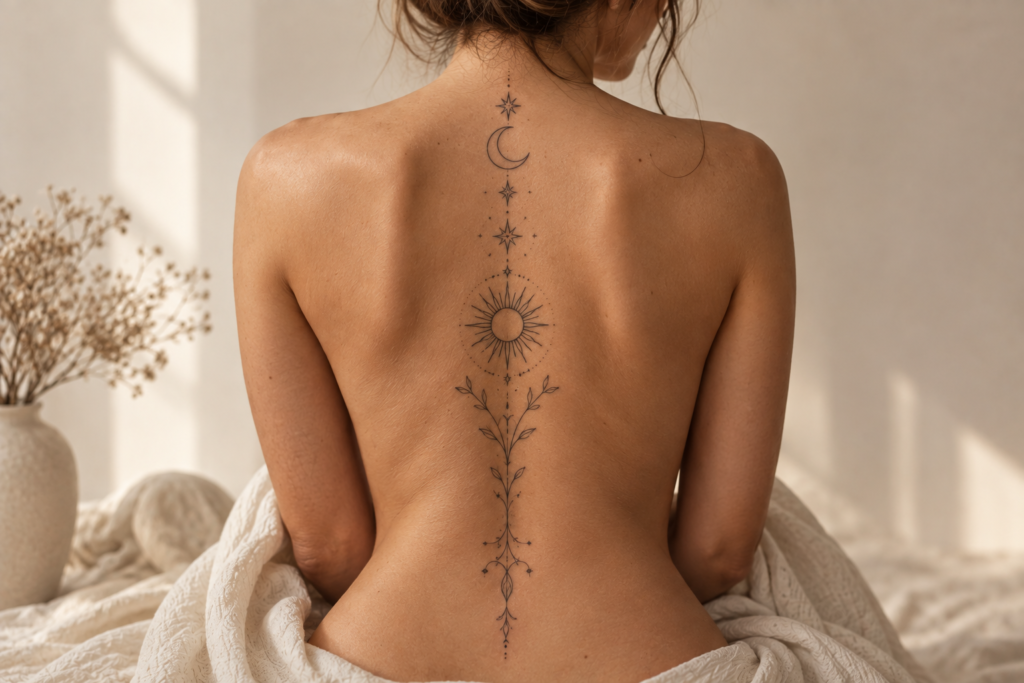 Minimalist moon and sun tattoo running vertically along the spine