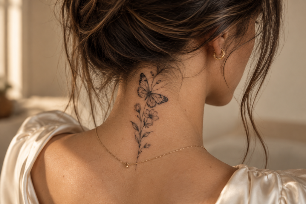 Personalized butterfly and birth flower neck tattoo