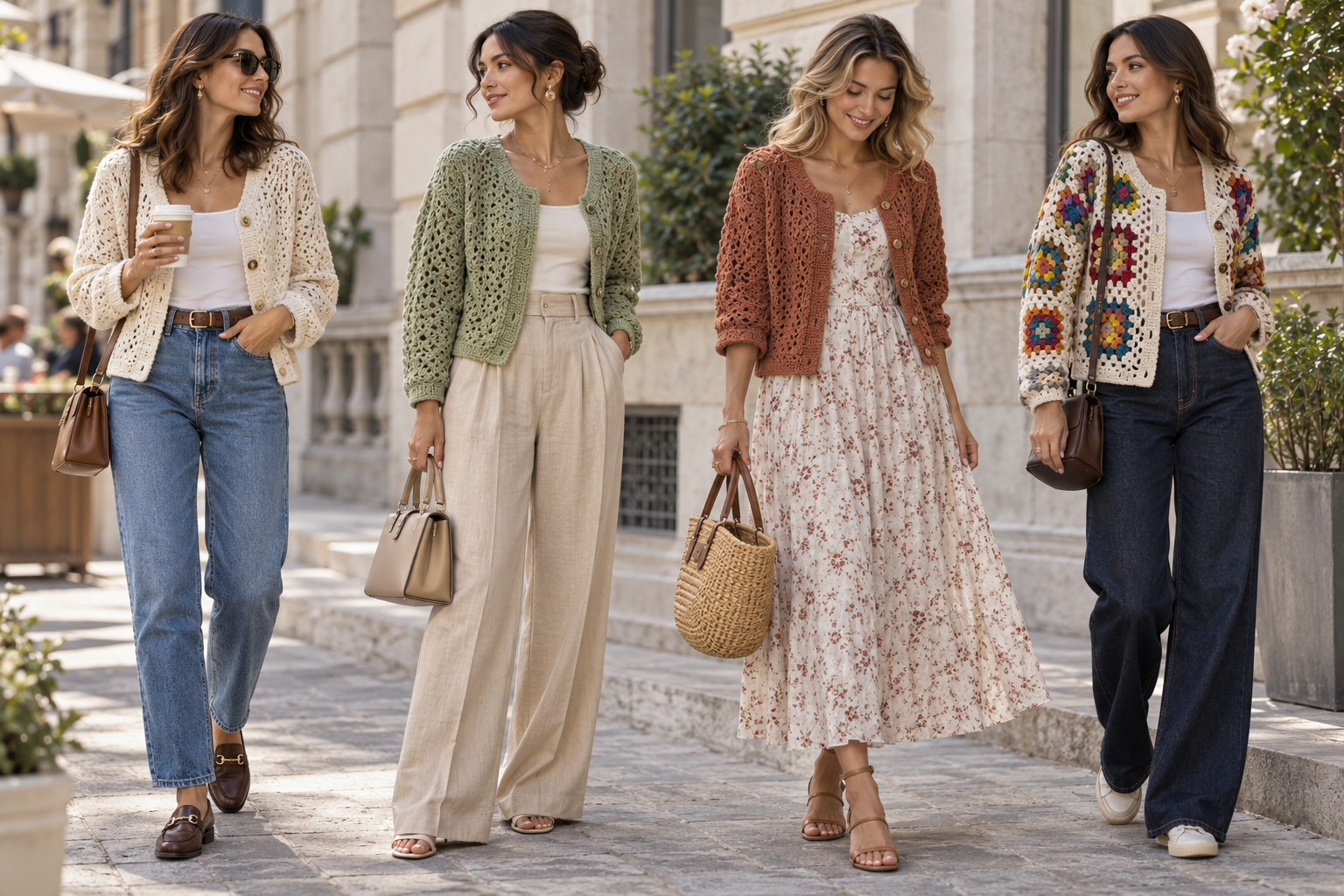 Four stylish crochet cardigan outfit ideas with jeans dresses and trousers