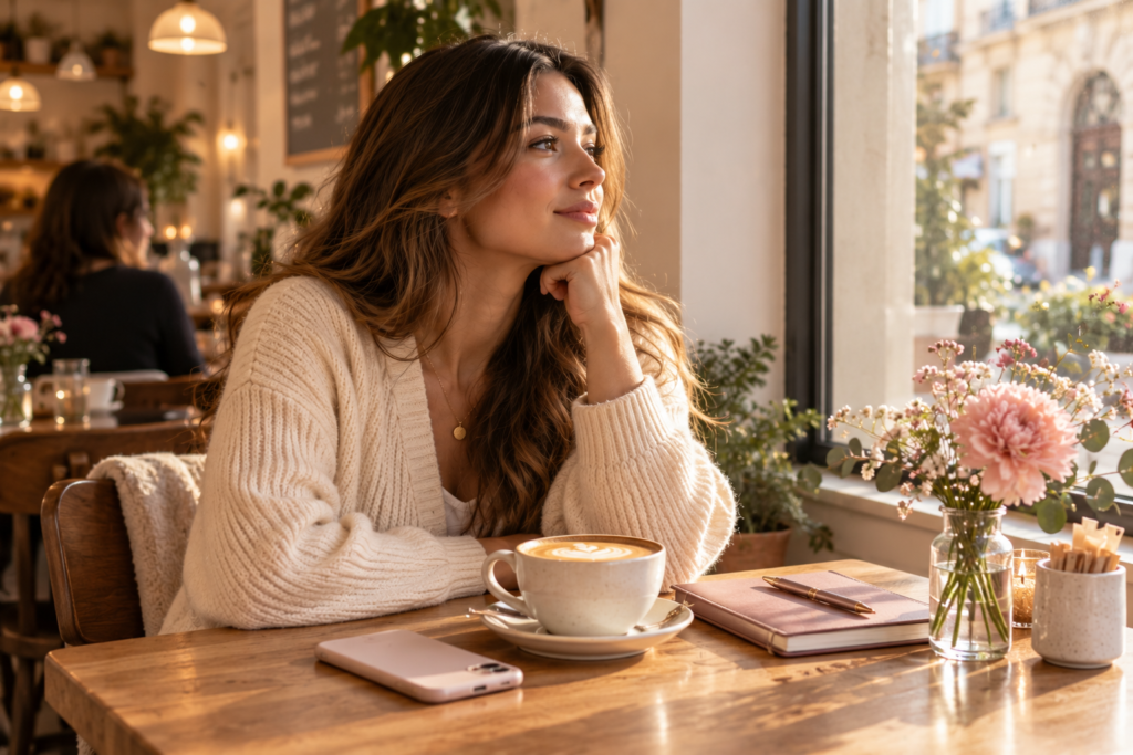 Woman stepping away from comparison and focusing on her own path