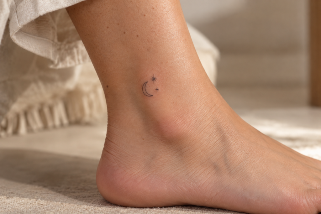 Tiny minimalist crescent moon and star ankle tattoo