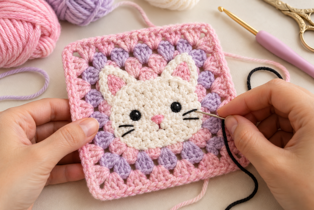 Crochet cat granny square with the kitty face taking shape
