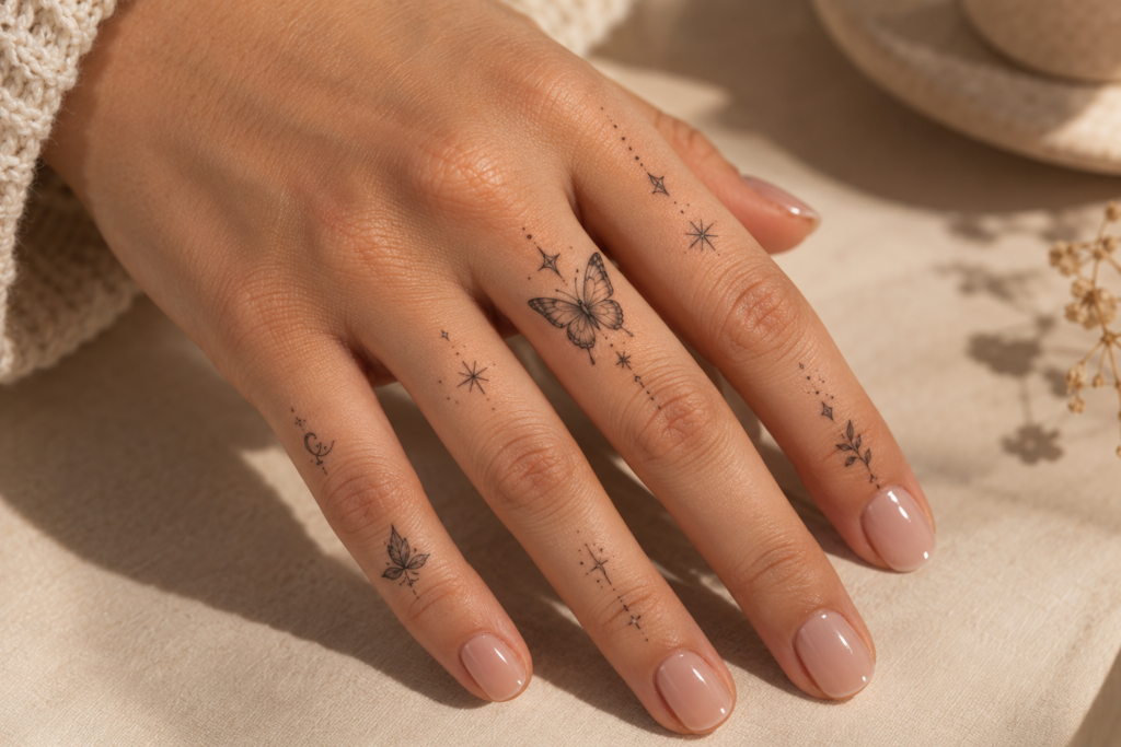 Tiny butterfly and star tattoos across the fingers