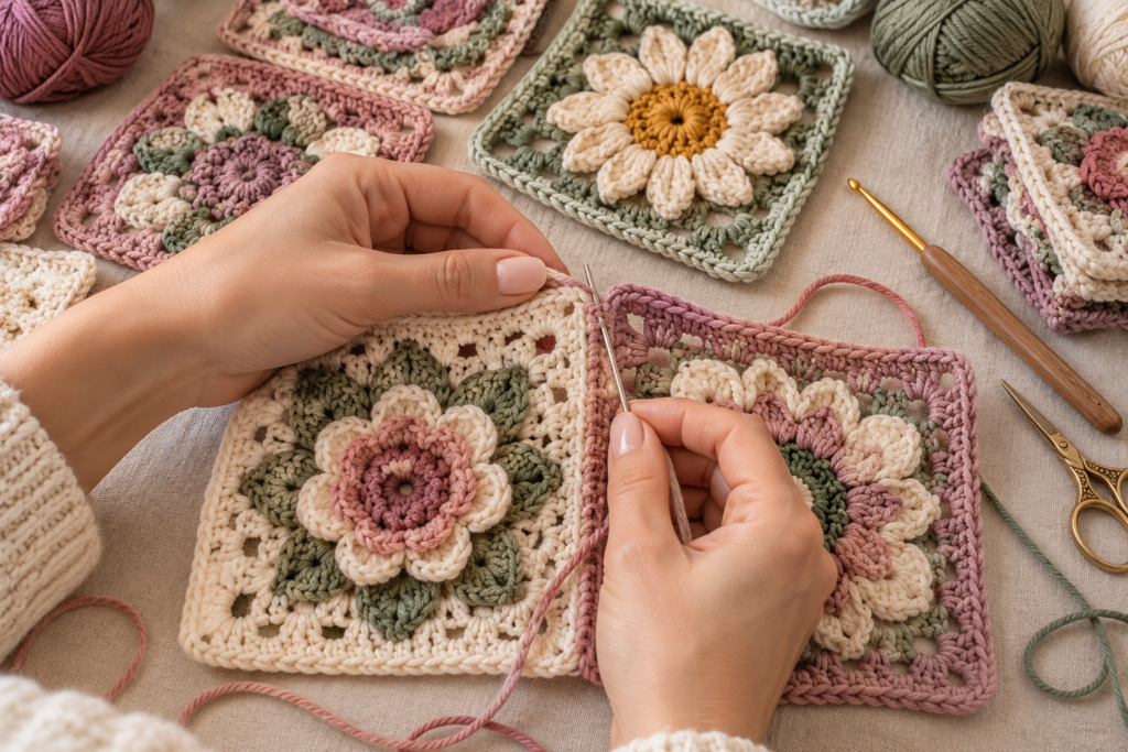 Hands joining colorful crochet granny squares with a tapestry needle