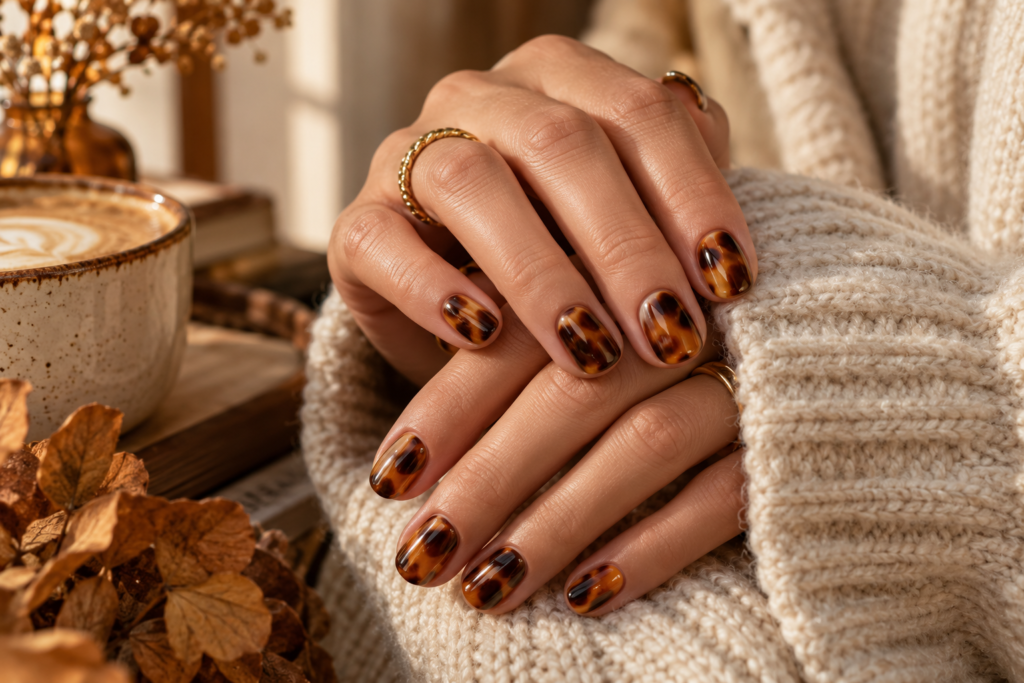 Amber tortoiseshell nail design for short nails