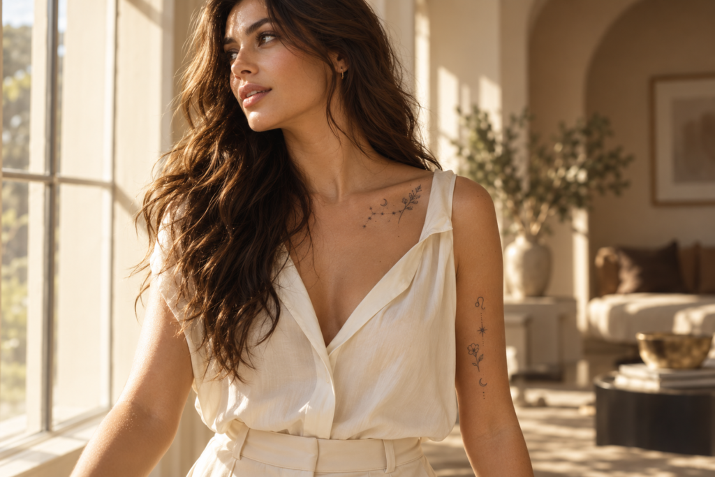 Meaningful zodiac tattoo with delicate celestial and botanical elements