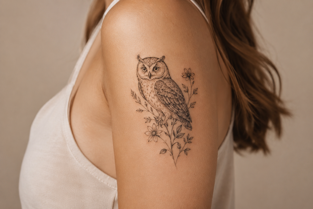 Delicate floral owl tattoo idea with fine-line flowers