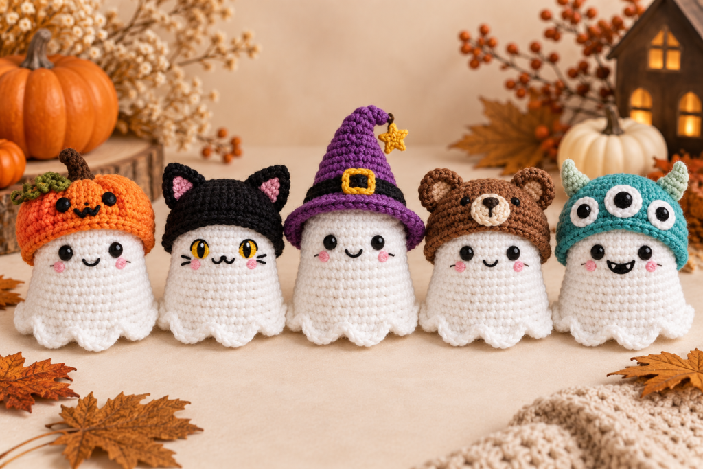Five cute crochet ghost designs with pumpkin, cat, witch, bear and monster hats