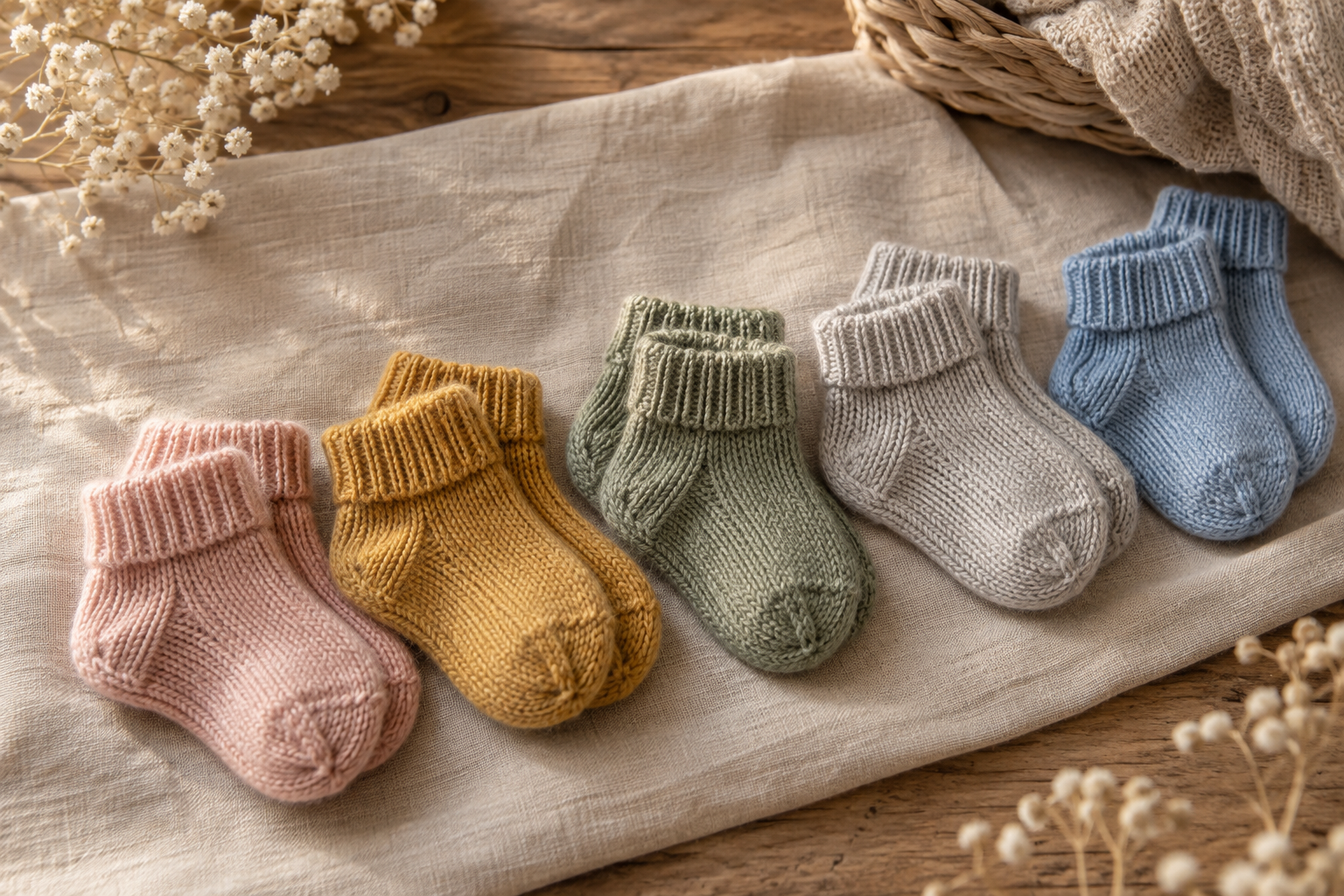 Five colorful knitted baby socks in a simple beginner-friendly pattern