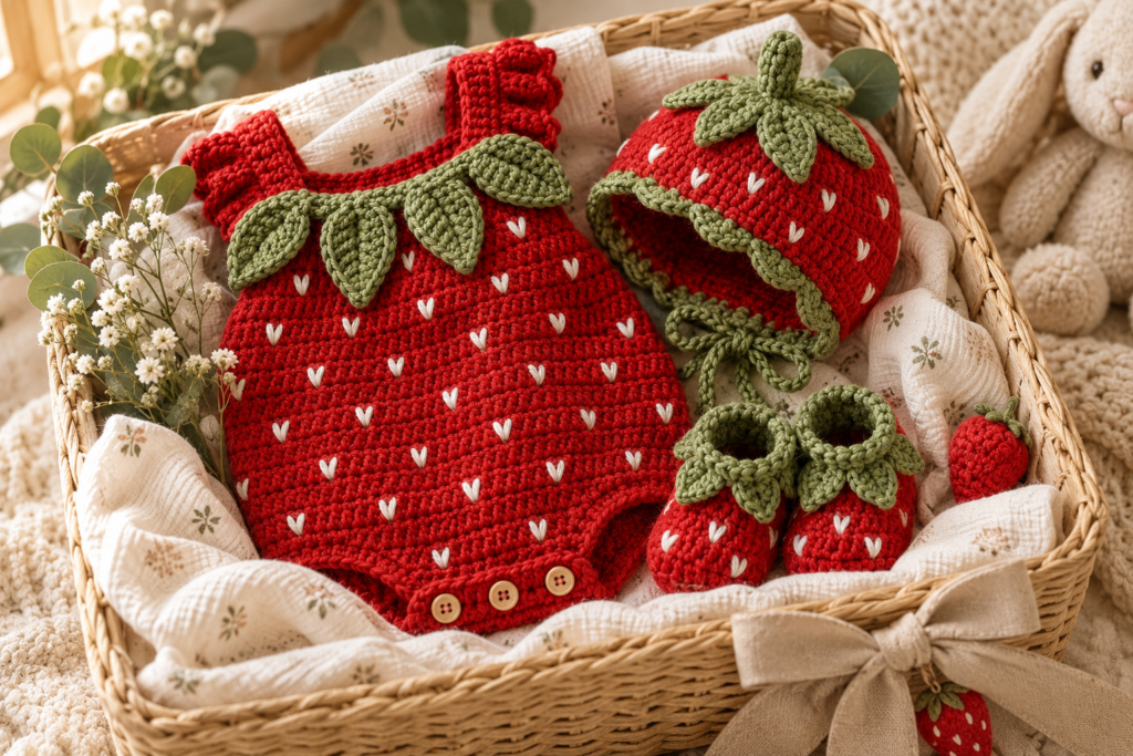 Crochet strawberry baby set arranged as a handmade baby shower gift