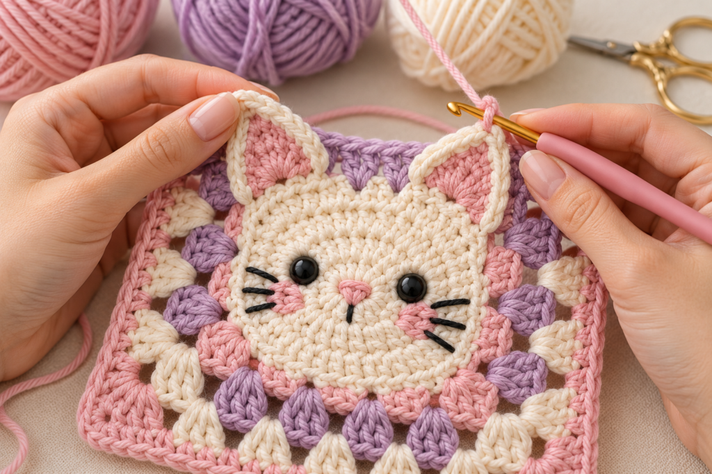 Adding crocheted cat ears to a kitty granny square